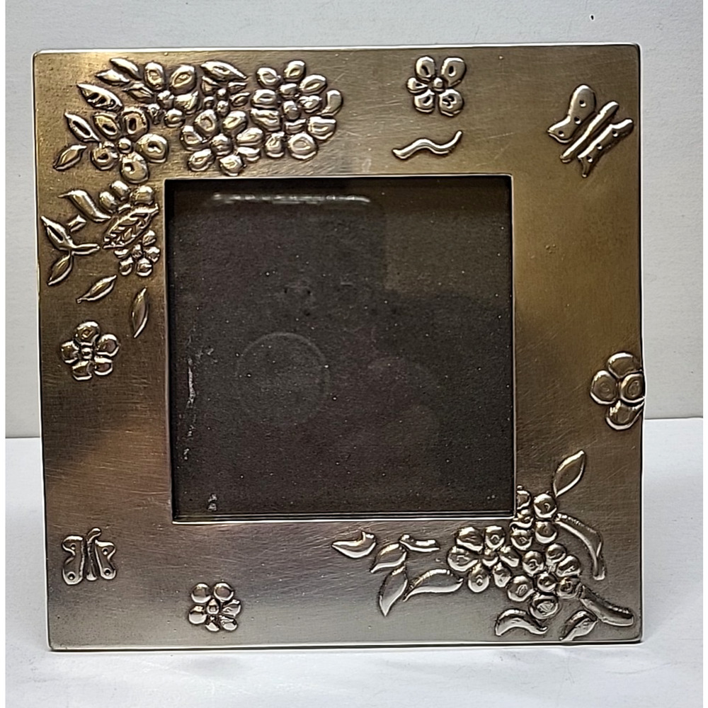 Pewter 5 in Square Shaped Floral Butterfly Picture Frame holds 3 inch photnbr